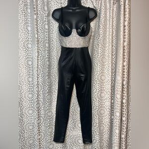 SHOP17 Rhinestone Mesh Faux Leather Jumpsuit S
